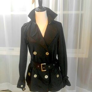 Jou Jou Black Satiny Trench Coat Belted Jacket Small